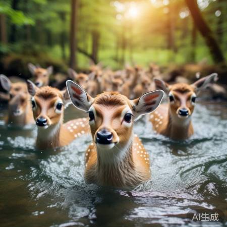 梅花鹿水中游泳，画面美如画