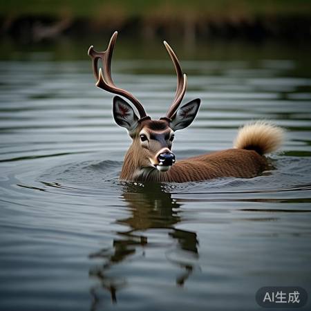 梅花鹿游泳似旱鸭，坚持不懈。