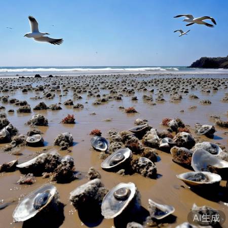 海滩退潮蚝满地，海洋资源丰富