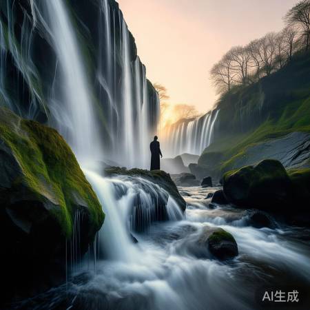 瀑布美景邂逅：空中飘来神秘人影