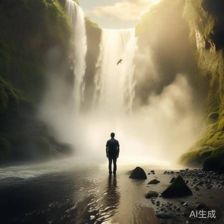 瀑布边神秘人影