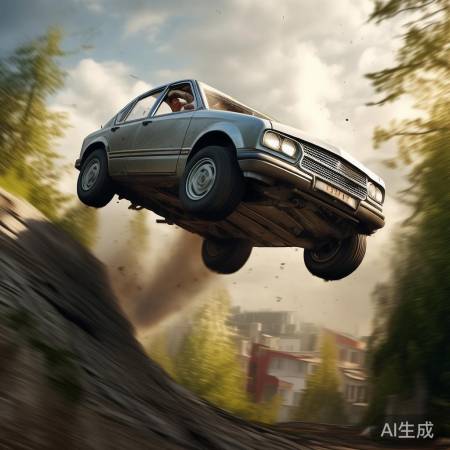 失控轿车坡上飞起