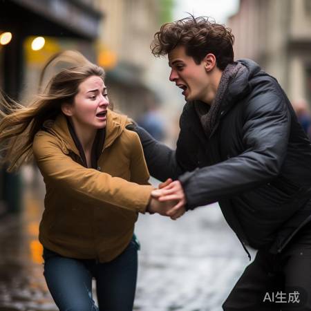 男孩及时拉住险些摔倒的女孩