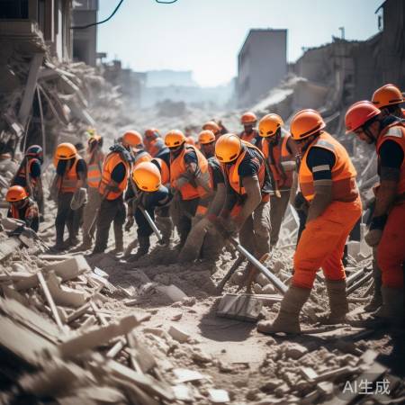 救援人员冒险抗灾