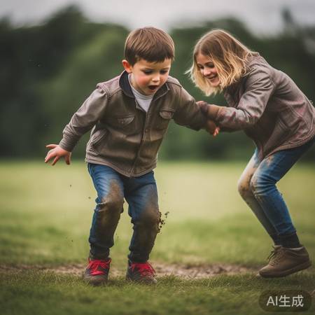小孩跌倒,女孩关切扶起