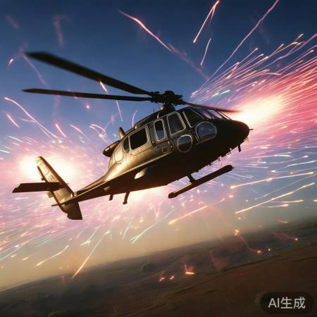 干扰弹释放闪烁波,直升机优雅穿