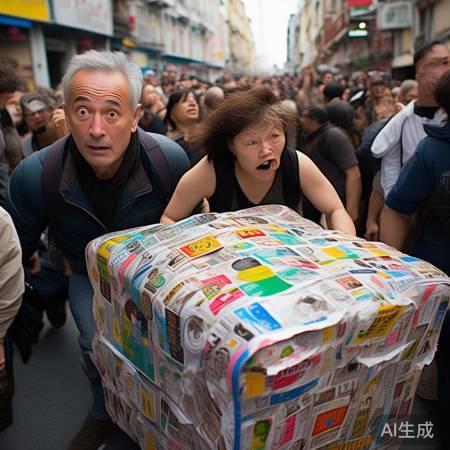 大妈行李箱卡住，大哥围观。