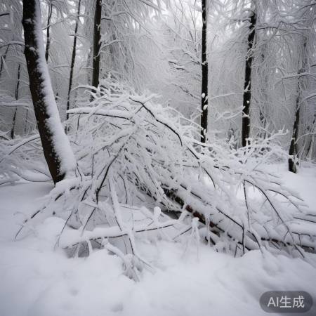 树枝挂雪压断,暴雪景象