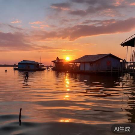 柬埔寨洞里萨湖日落美景