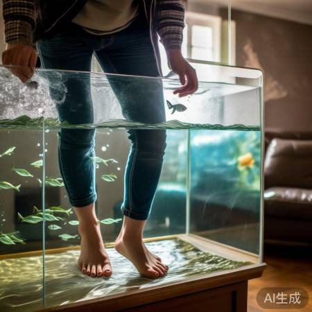 踩水族箱擦玻璃，安全为上！