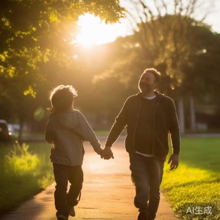 父子晨曦公园漫步