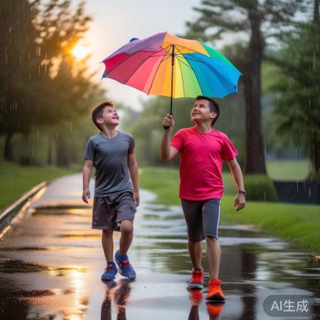父子雨中晨练乐