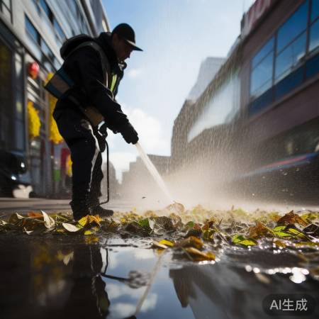 环卫工高压水枪扫落叶，银杏飘零不再困扰城市美景