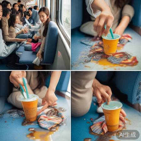 地铁女子巧妙应对打翻奶茶：围巾变身清洁小能手