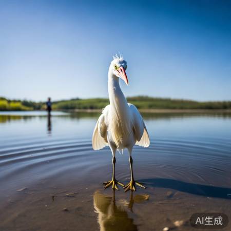 白鹭惊飞，男子笑看。
