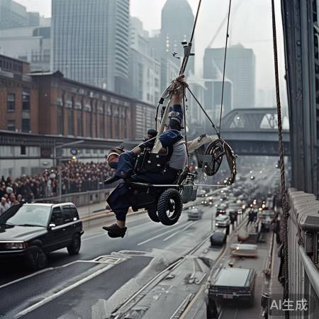 救援人员高空吊轮椅,路人欢呼点