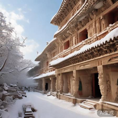 雪映莫高窟壁画庄重