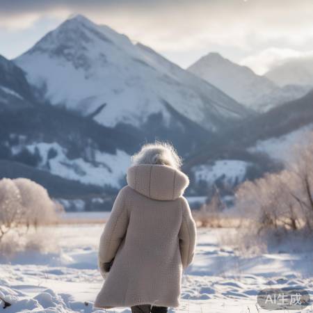 雪地摄影比赛，老人漫步雪中山峦