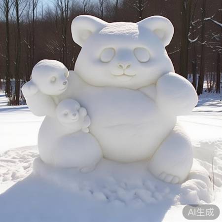 雪雕熊猫母子温馨招手