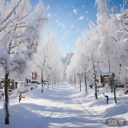 雪中树挂白帽，市民嬉戏美景