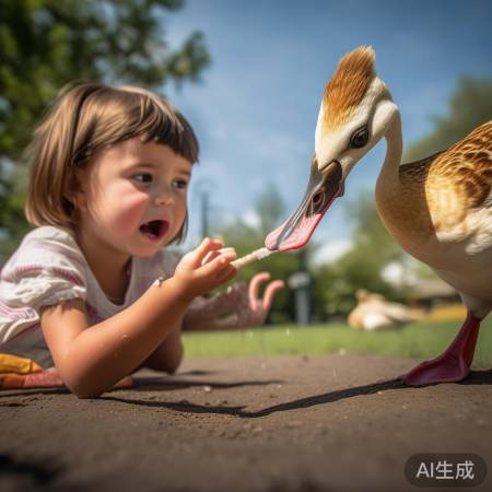 公园喂鸭，鸭咬小女孩