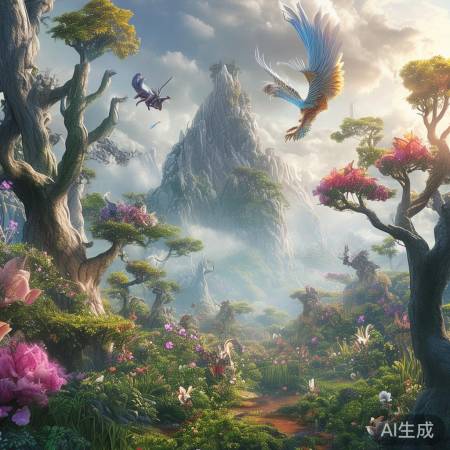 仙山云雾，神兽奇花