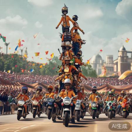 印度阅兵式震撼瞬间：女兵摩托车叠罗汉惊艳亮相