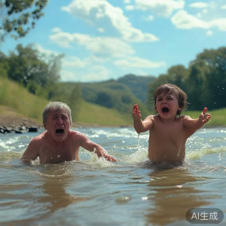父子河边遇险
