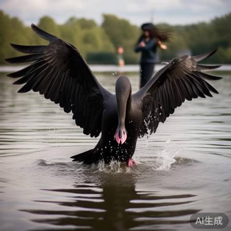 姑娘喂鹅遇黑天鹅惊吓