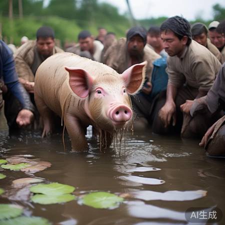 村民合力捞猪，猪精神无损