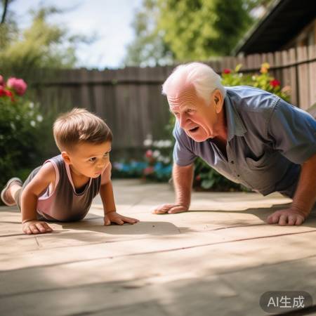 爷孙俯卧撑比赛