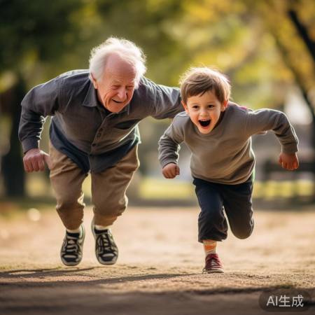 老人与孙儿比拼俯卧撑