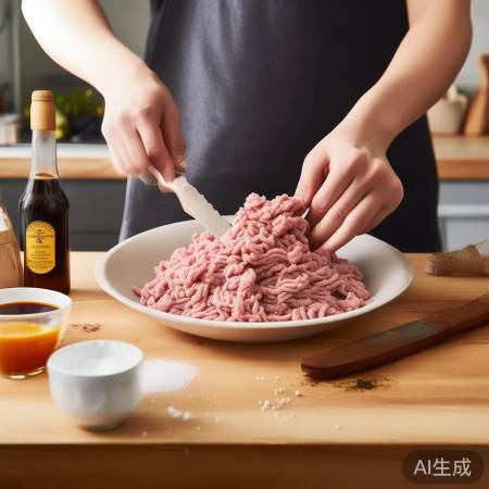 肉馅细剁，调味入味